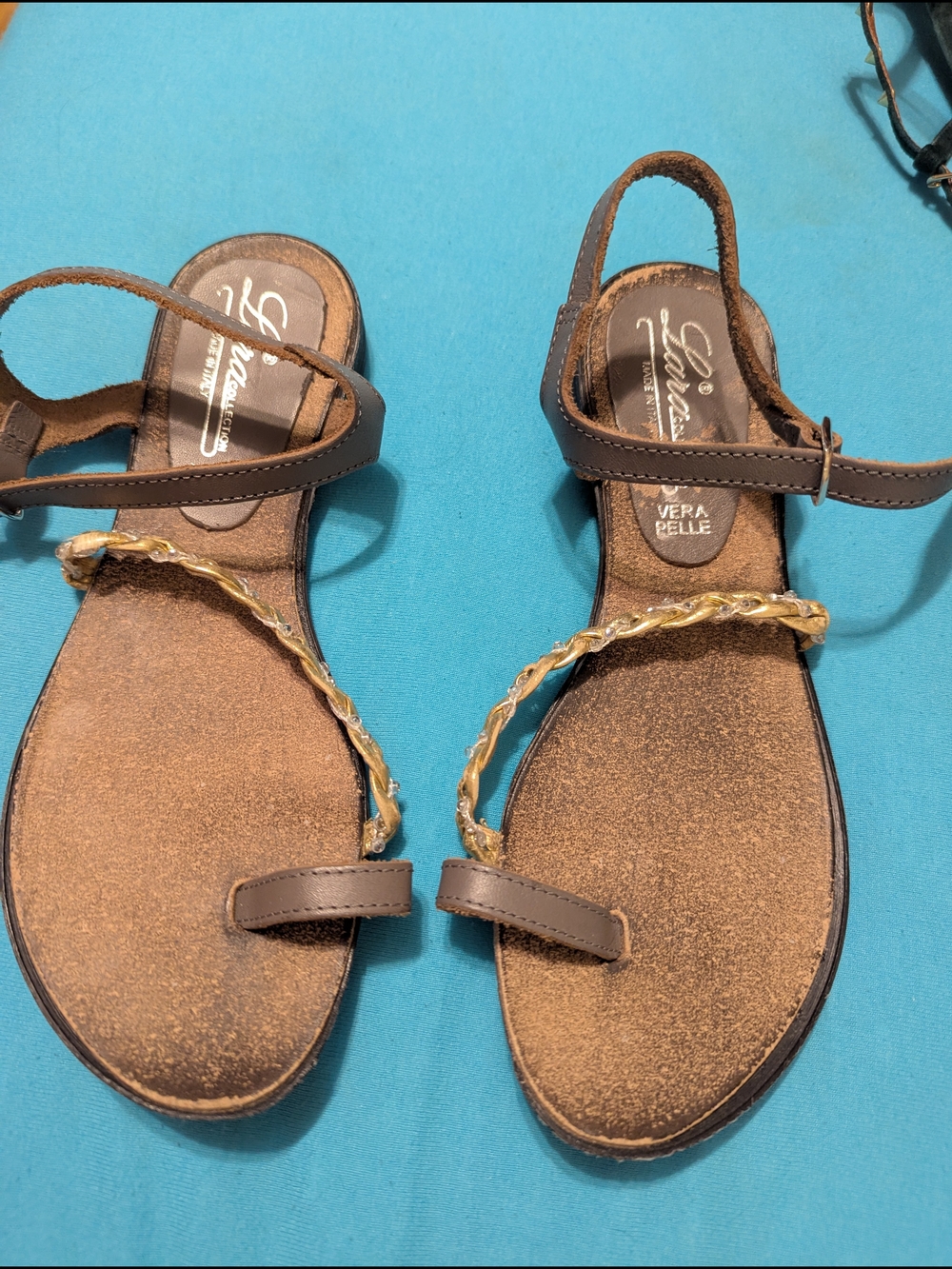 Brown Leather T-Strap Sandals with Gold Braided Accent